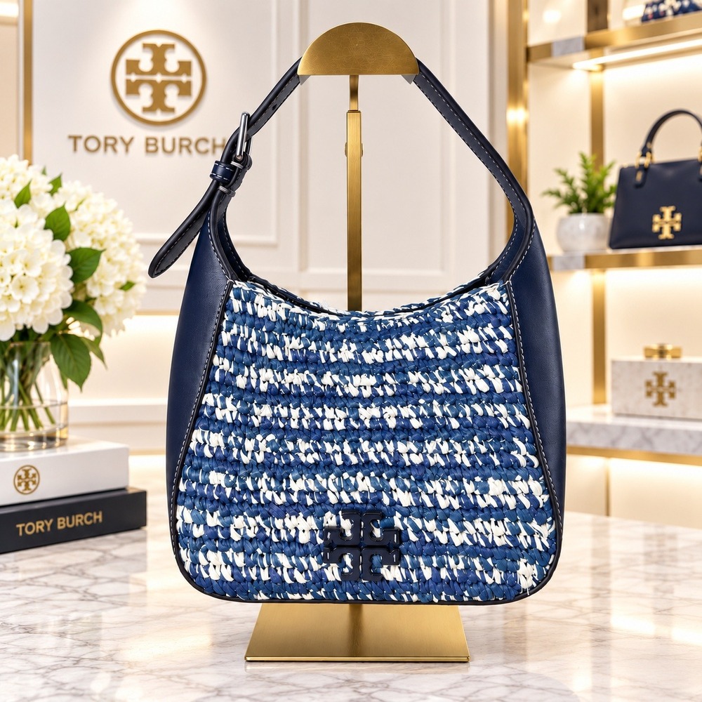Tory Burch Thea Straw Bucket Bag Navy Blue White Woven Leather Hobo